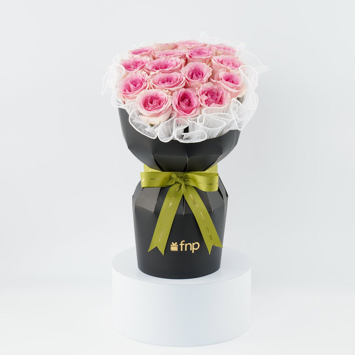 Elegant Pink Rose Bouquet in Black Box with Green Ribbon