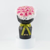Elegant Pink Rose Bouquet in Black Box with Green Ribbon