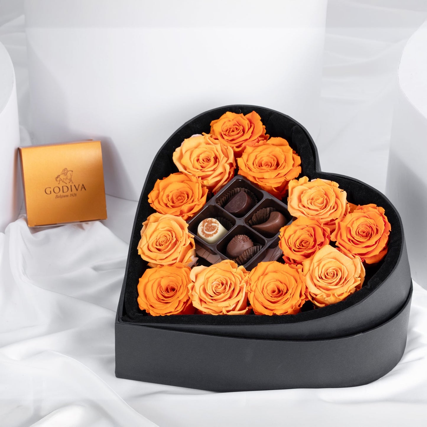 Exquisite 12 Orange Forever Roses with Luxurious Godiva Chocolate in Heart-Shaped Box