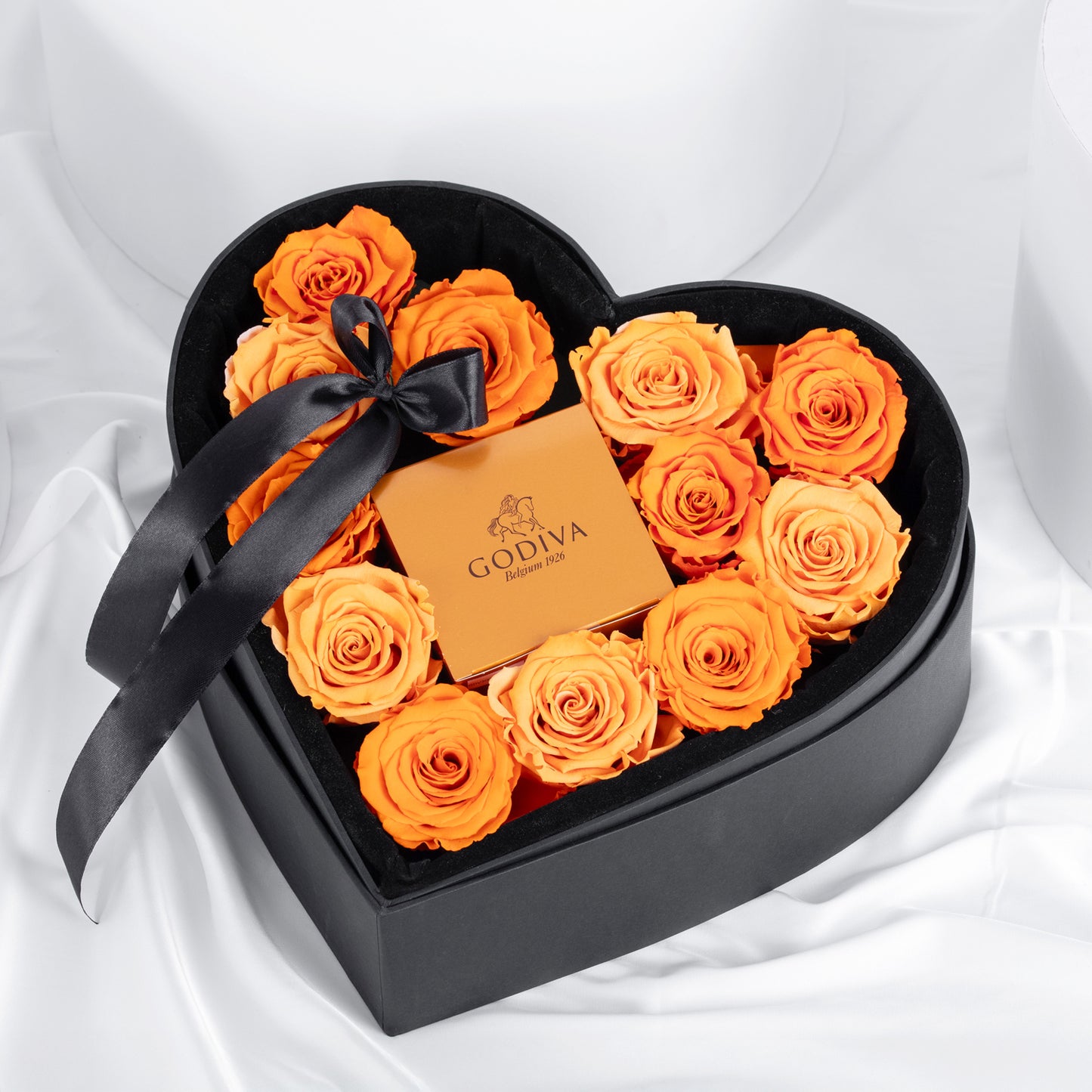 Exquisite 12 Orange Forever Roses with Luxurious Godiva Chocolate in Heart-Shaped Box