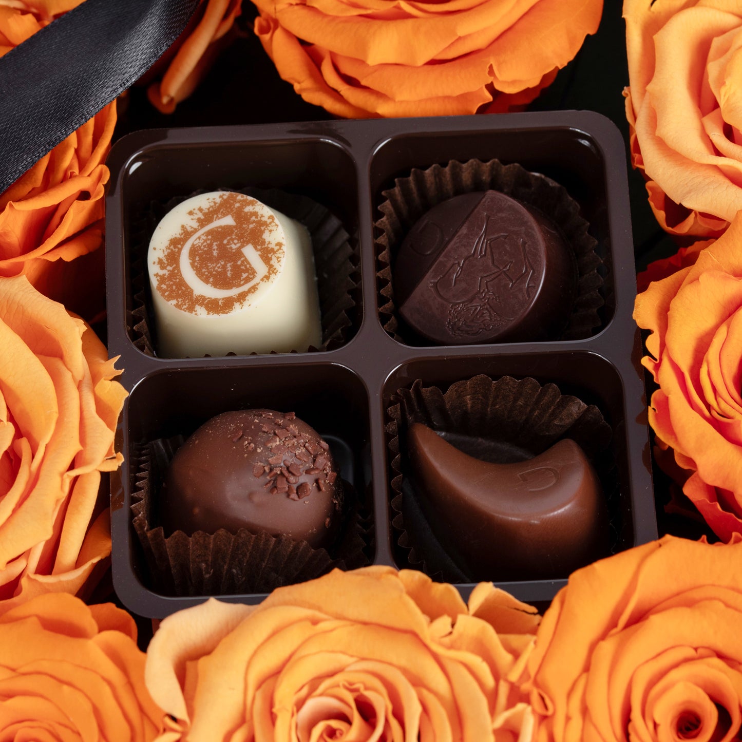 Exquisite 12 Orange Forever Roses with Luxurious Godiva Chocolate in Heart-Shaped Box