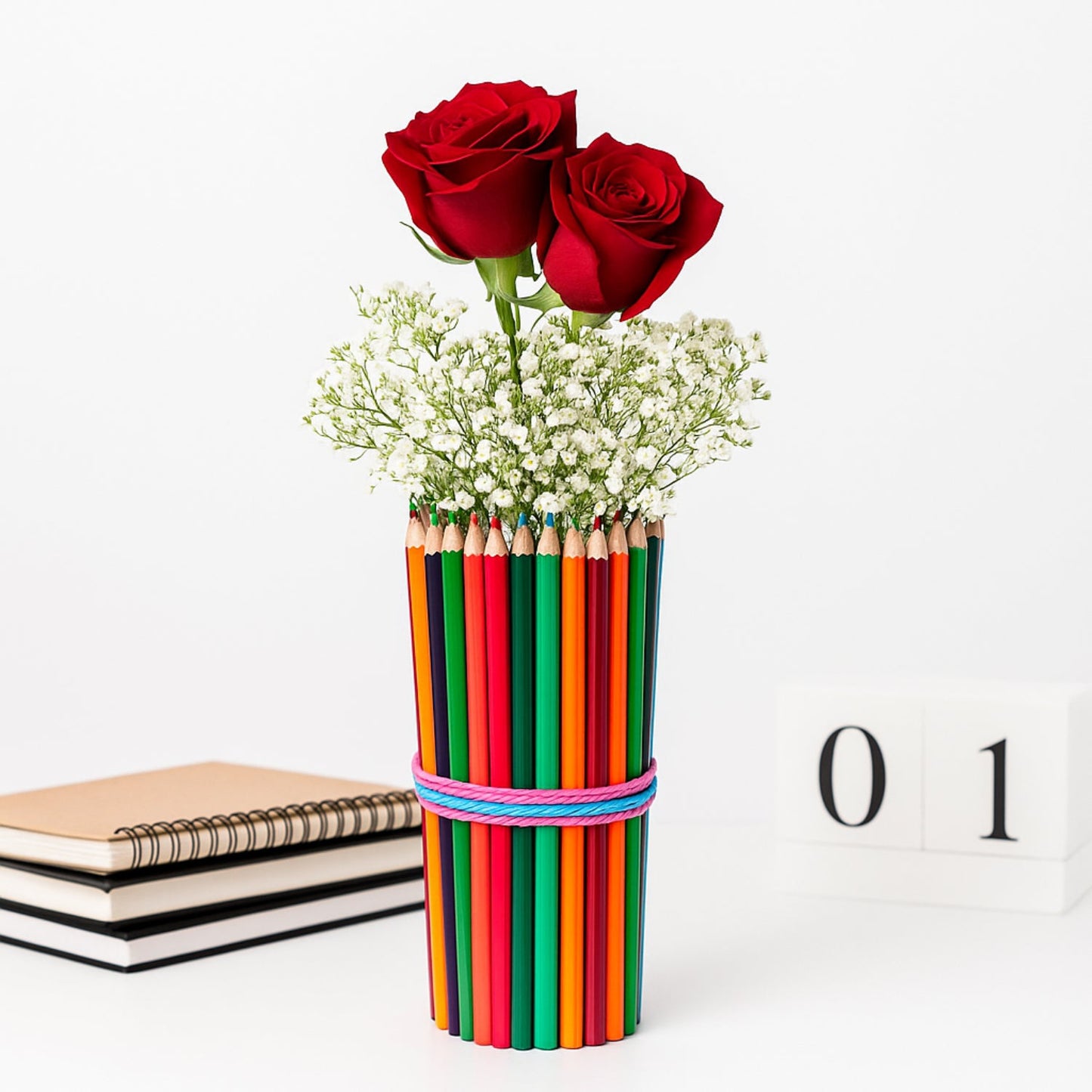 Red Roses in Pencil Art Vase
