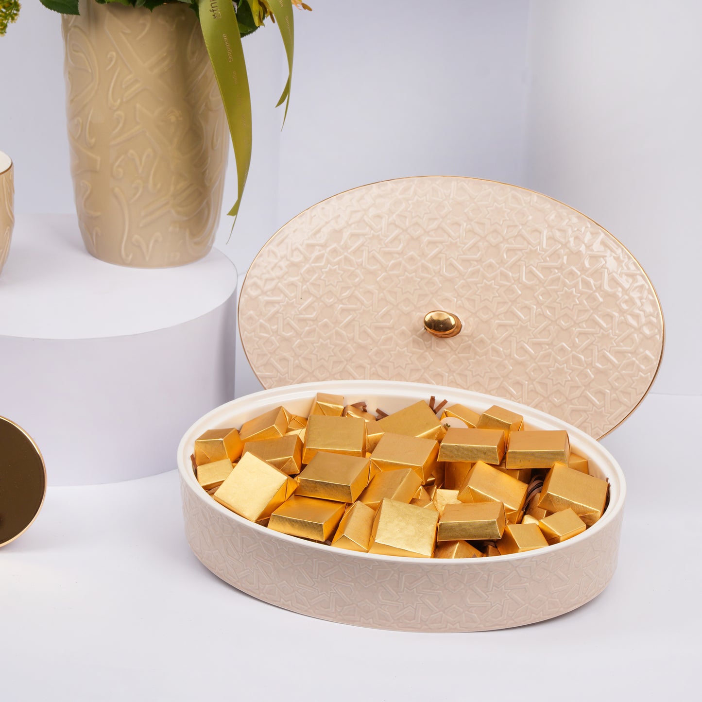 Otantik Home Luxury Set: Chocolate Beige Bowl, Vase & Candle