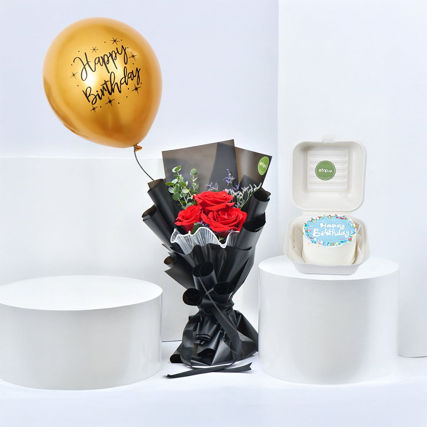 Red Roses Bouquet with Birthday Cake & Balloon