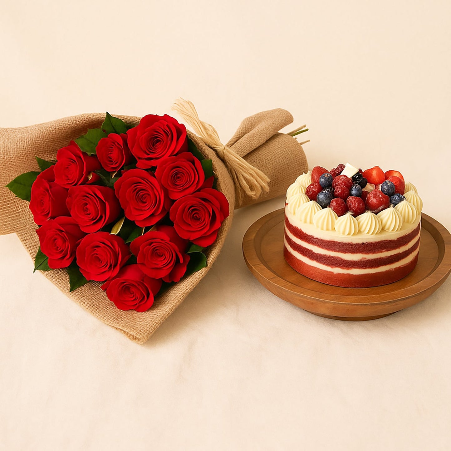 Elegant 12 Red Roses Bouquet & Half Kg Red Velvet Cake Gift Set