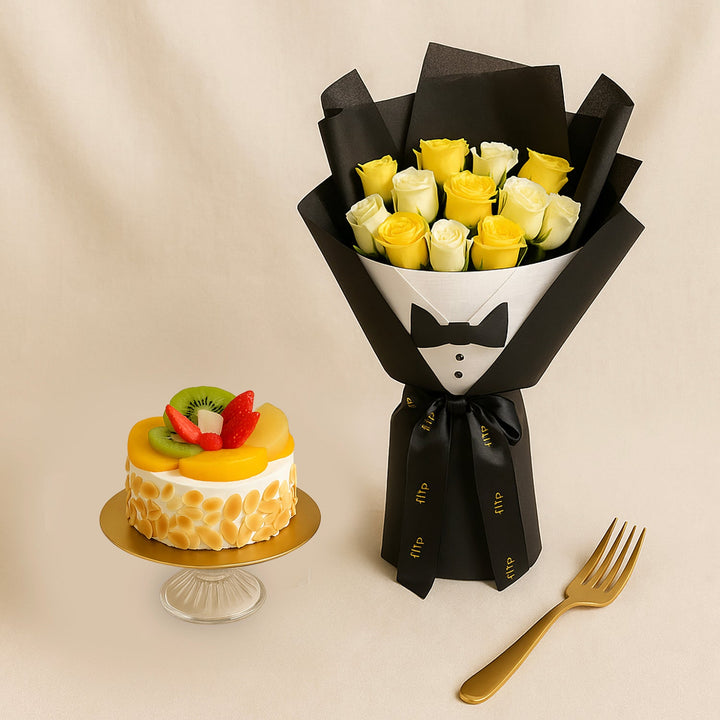 مجموعة الرجل الأنيق: باقة ورود راقية وكعكة فواكه لذيذة