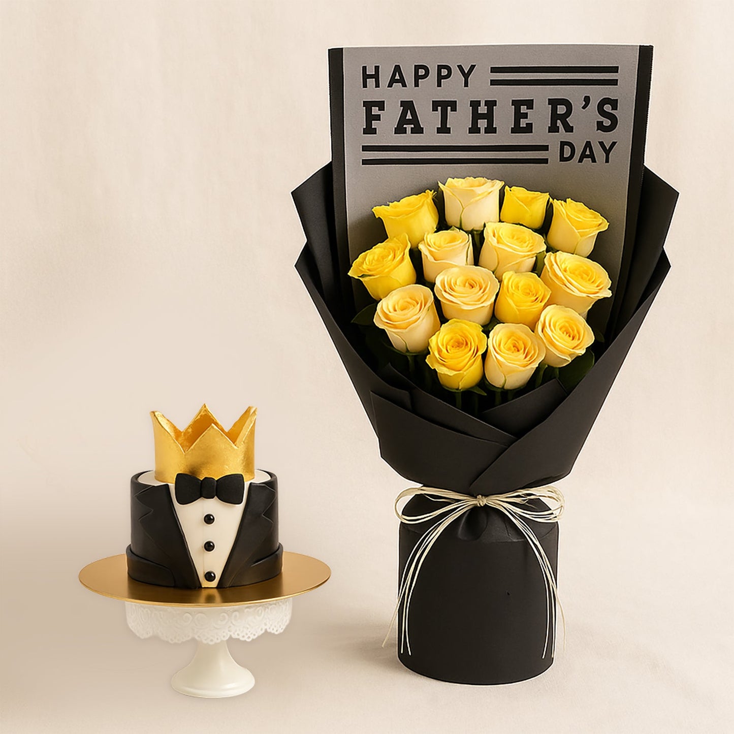 Celebrate Father's Day with a Regal Touch: Yellow Rose Bouquet and Chocolate Crown Cake