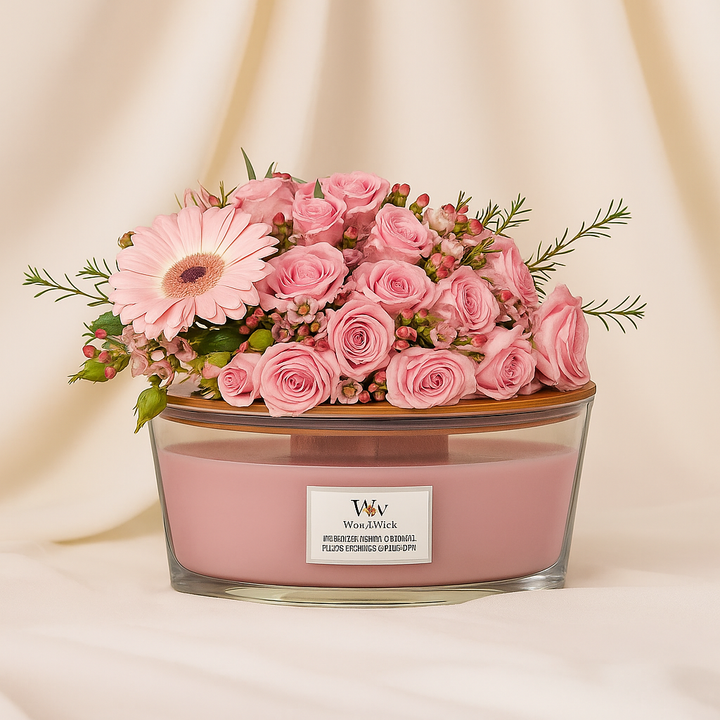 WoodWick Ellipse Candle - Pressed Blooms & Patchouli with Elegant Floral Arrangement