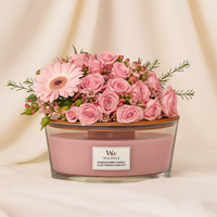 WoodWick Ellipse Candle - Pressed Blooms & Patchouli with Elegant Floral Arrangement