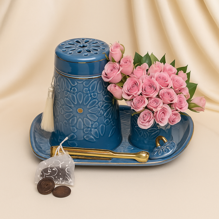 Serene Aroma Oasis Set: Luxurious Incense Burner with Purple Spray Roses