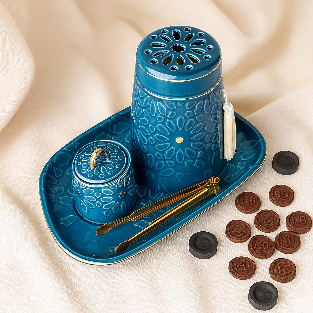Luxurious Blue Porcelain Incense Burner Set with Arabic Engravings by Q51 Perfumes