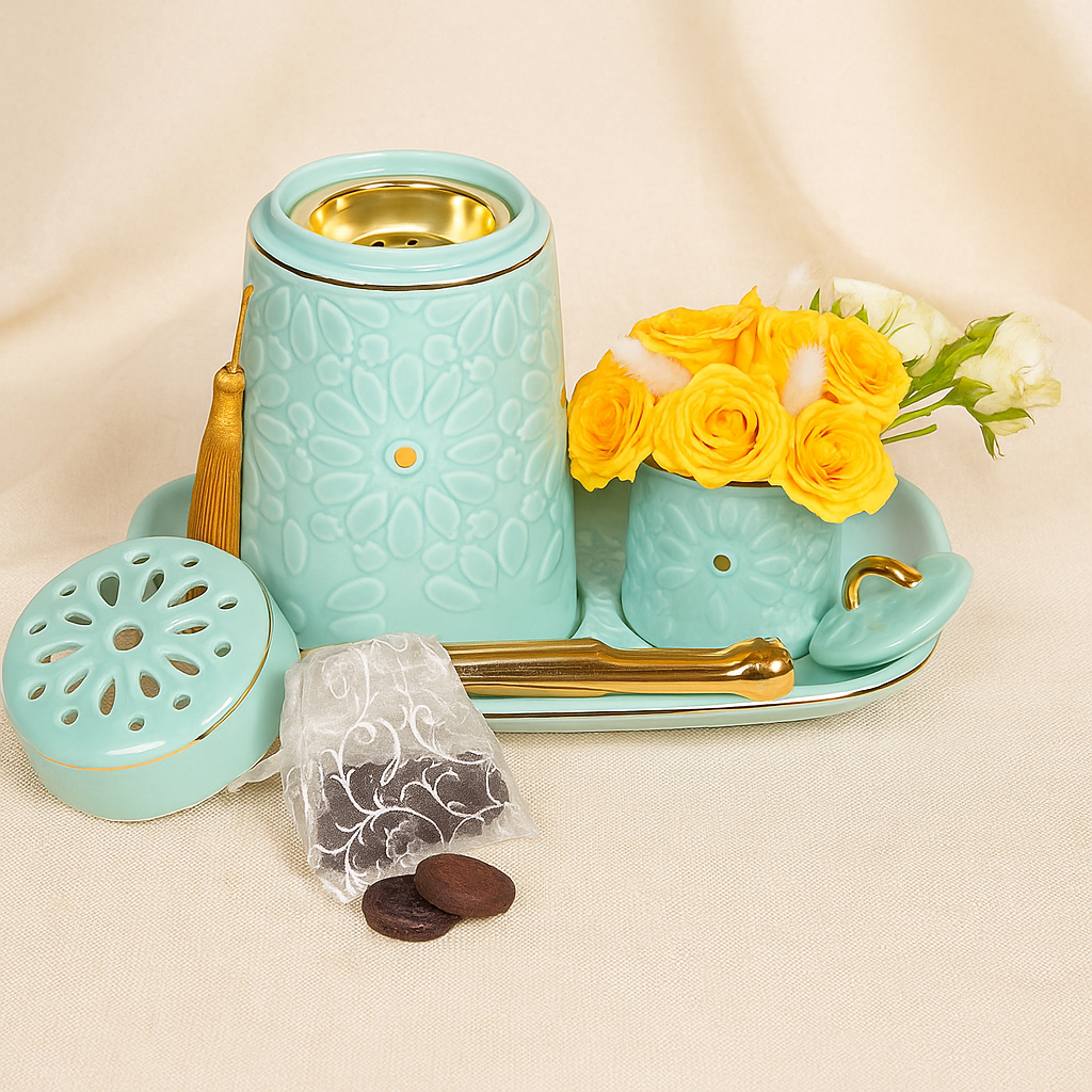 Luxurious Yellow Flowers Infused Incense Gift Set with Porcelain Burner