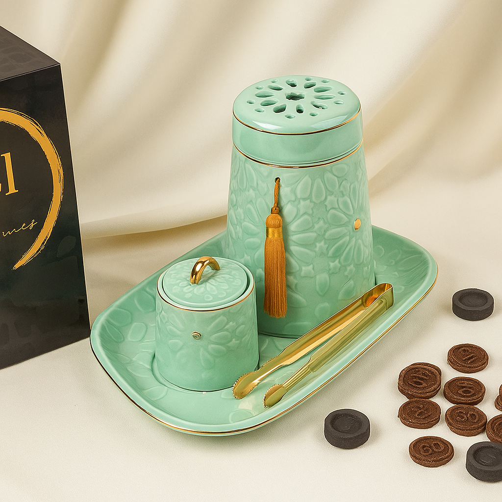 Luxurious Teal Incense Burner Set with Arabic Engravings by Q51 Perfumes
