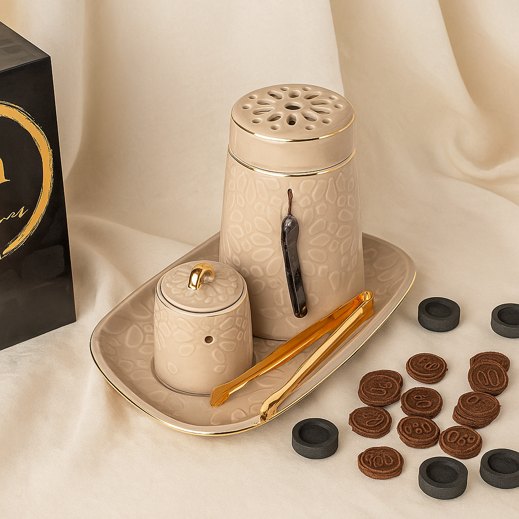 Luxurious Coffee-Colored Porcelain Incense Burner Set with Arabic Engravings - Q51 Perfumes