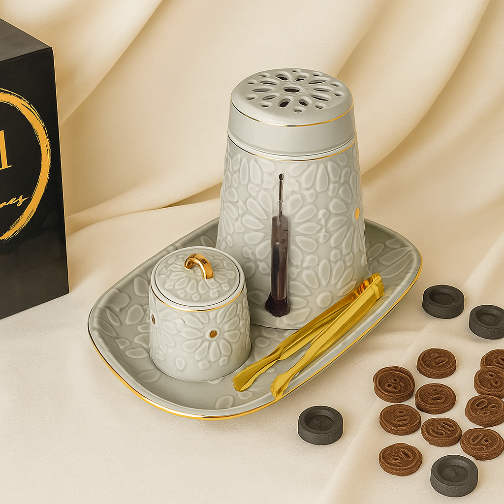 Luxurious Beige Porcelain Incense Burner Set with Arabic Engravings by Q51 Perfumes