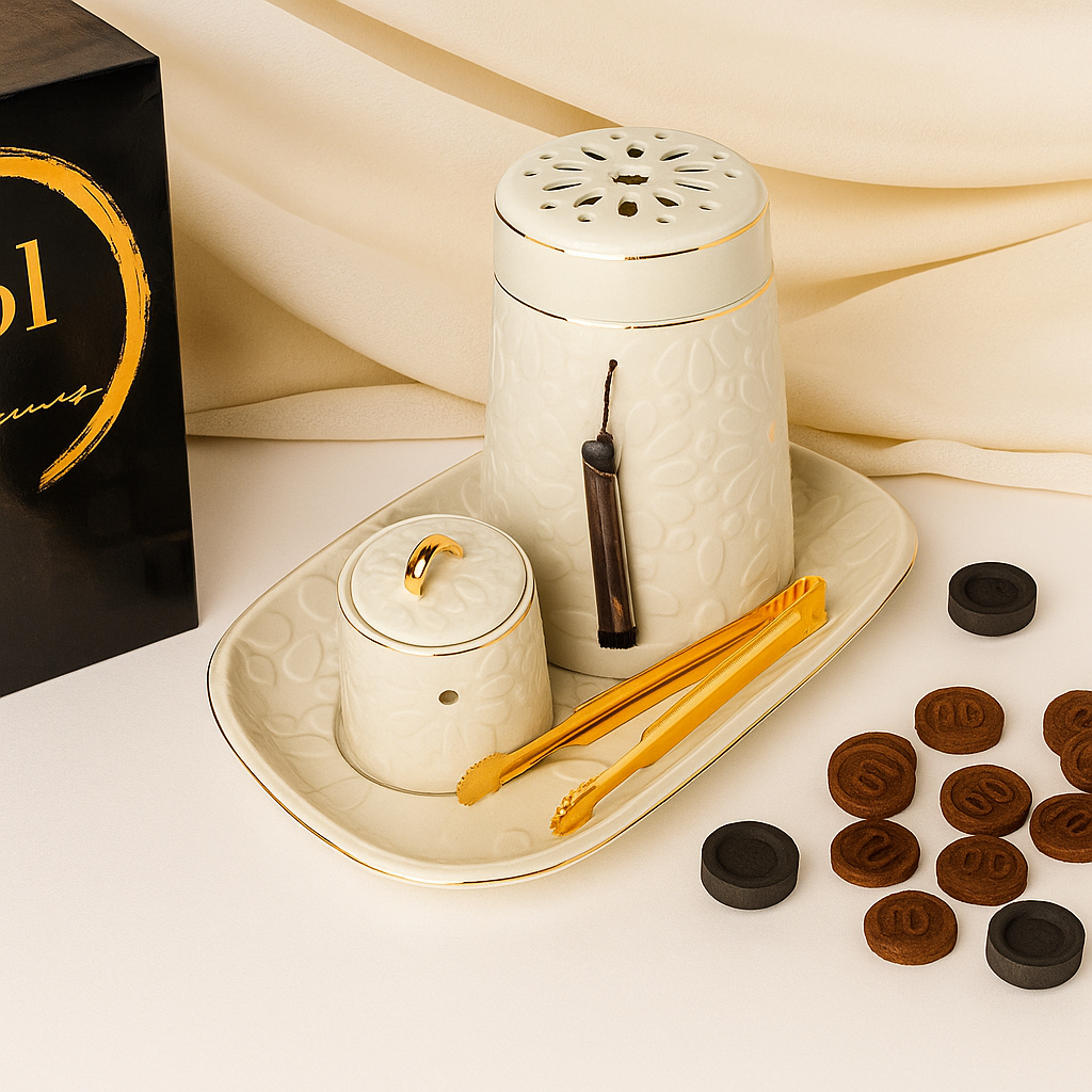 Elegant Grey Porcelain Incense Burner Set with Arabic Engravings by Q51 Perfumes