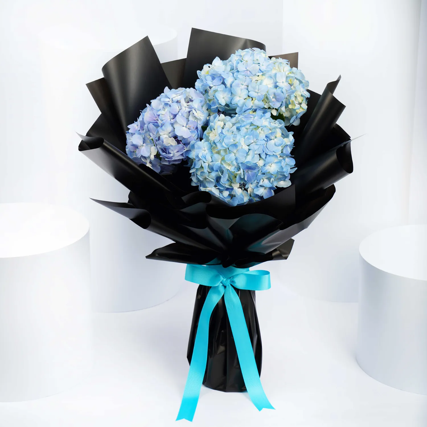 Elegant 3 Blue Hydrangea Bouquet in Black Wrap with Blue Ribbon