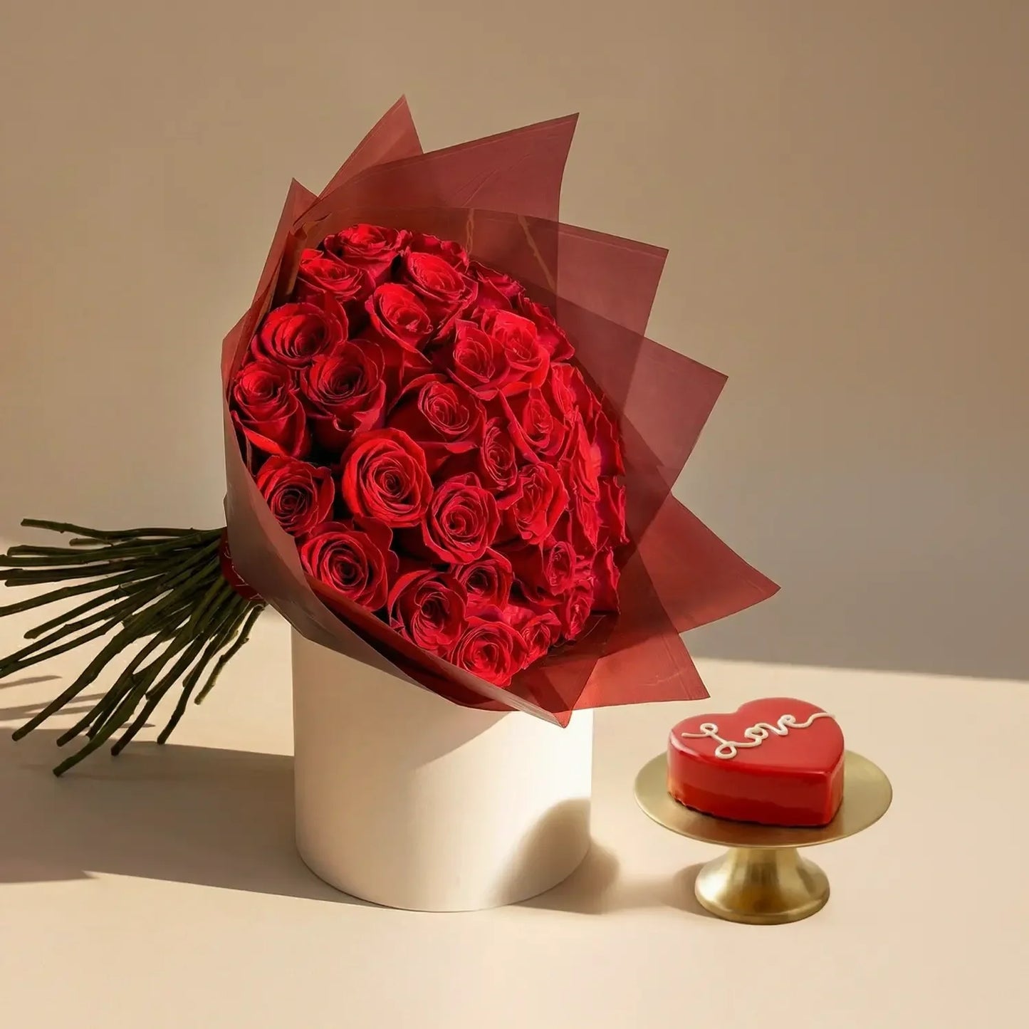Elegant 35 Red Roses Bouquet with Heart-Shaped Red Velvet Cake