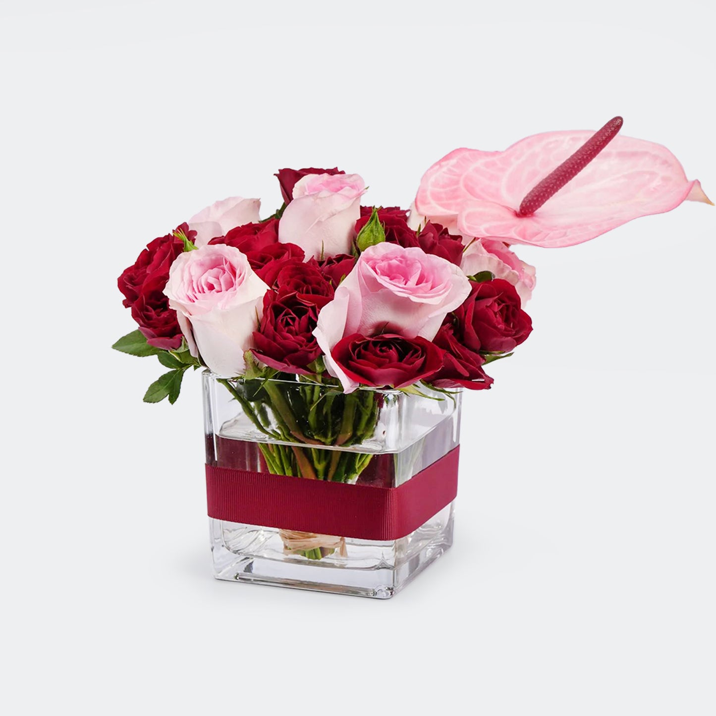 Luxurious Godiva Mini Royal Box with Elegant Red and Pink Floral Vase Arrangement
