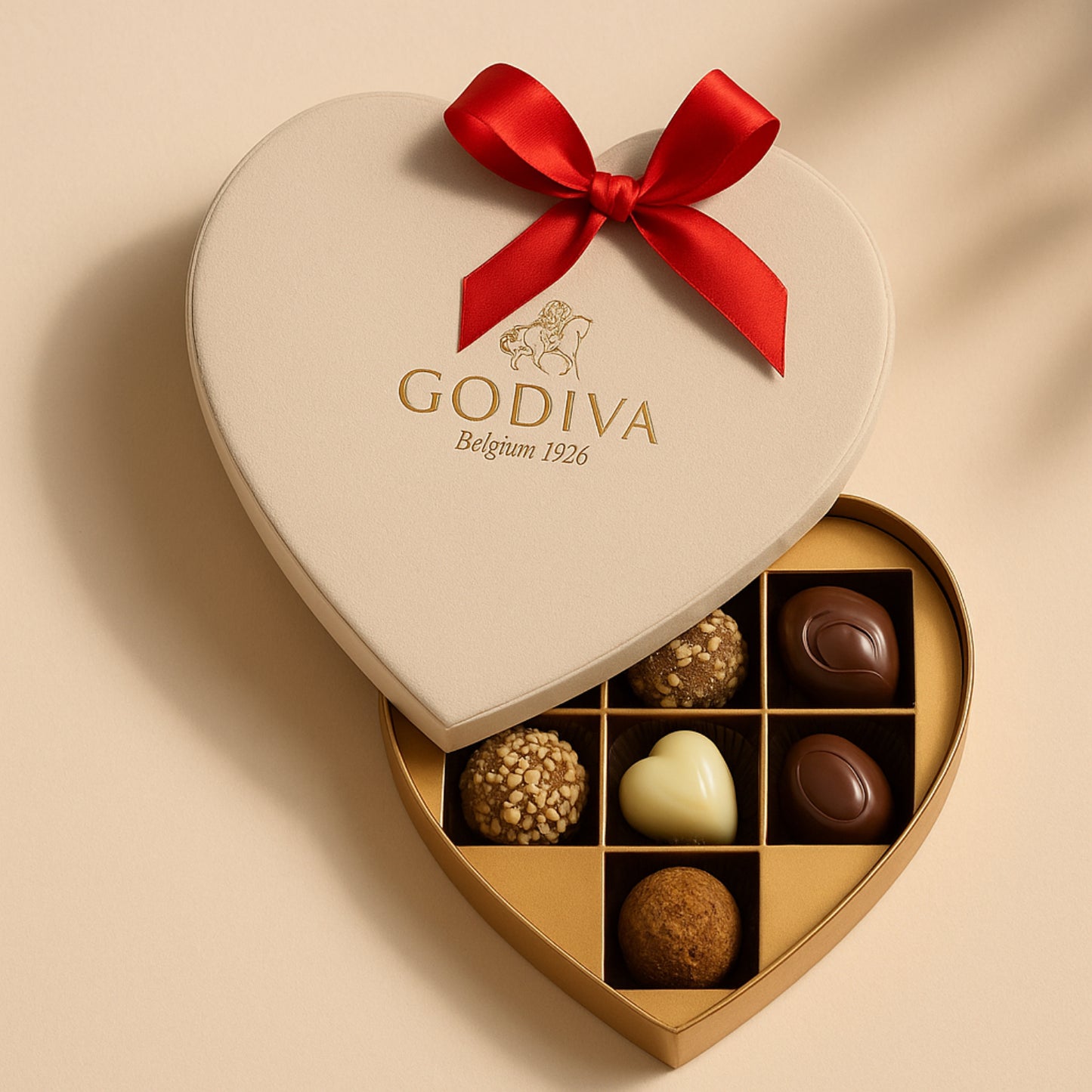 Godiva Beige Velvet Heart Box with 7 Assorted Chocolates