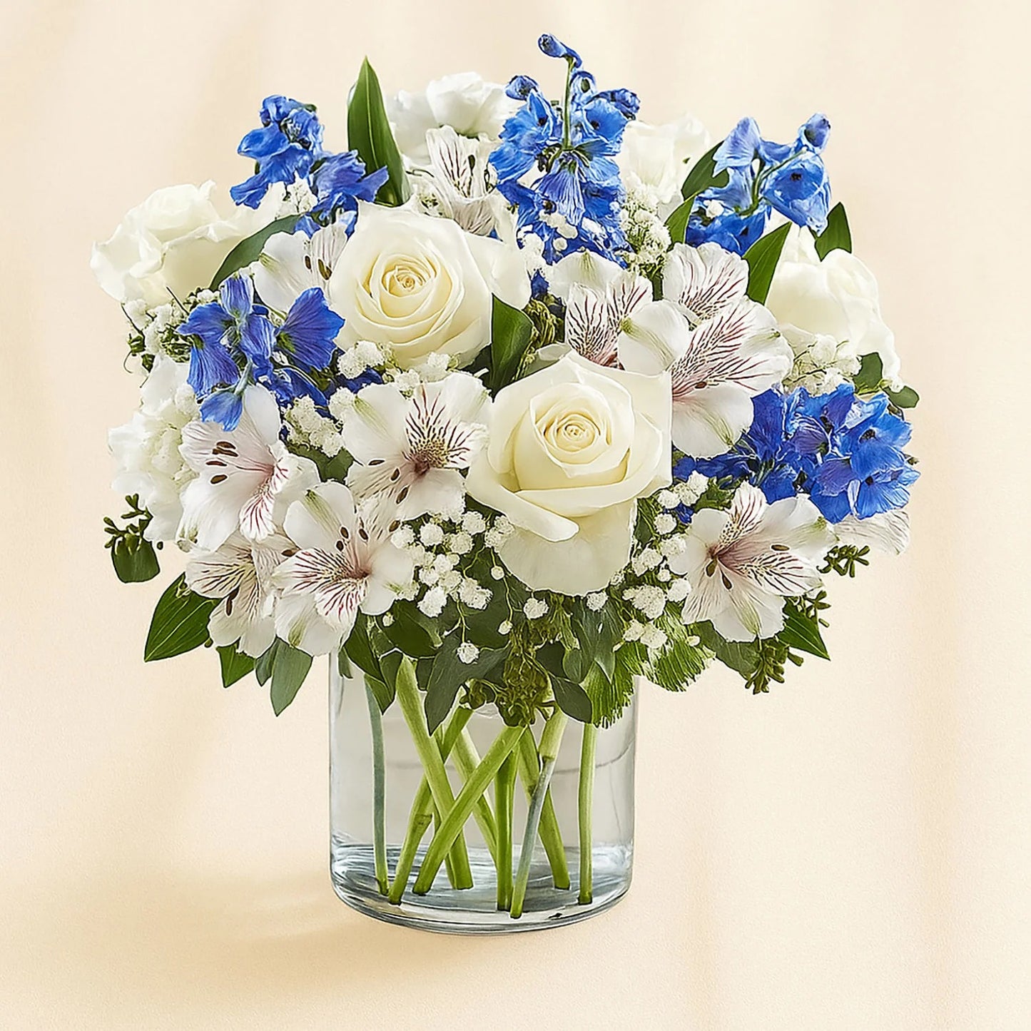 Elegant Blue and White Floral Arrangement in Glass Vase