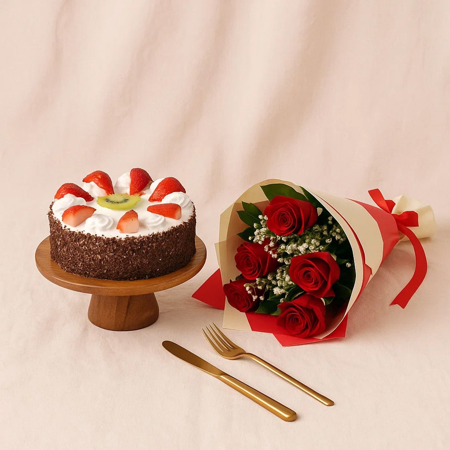 Red Roses & Black Forest Cake Half Kg