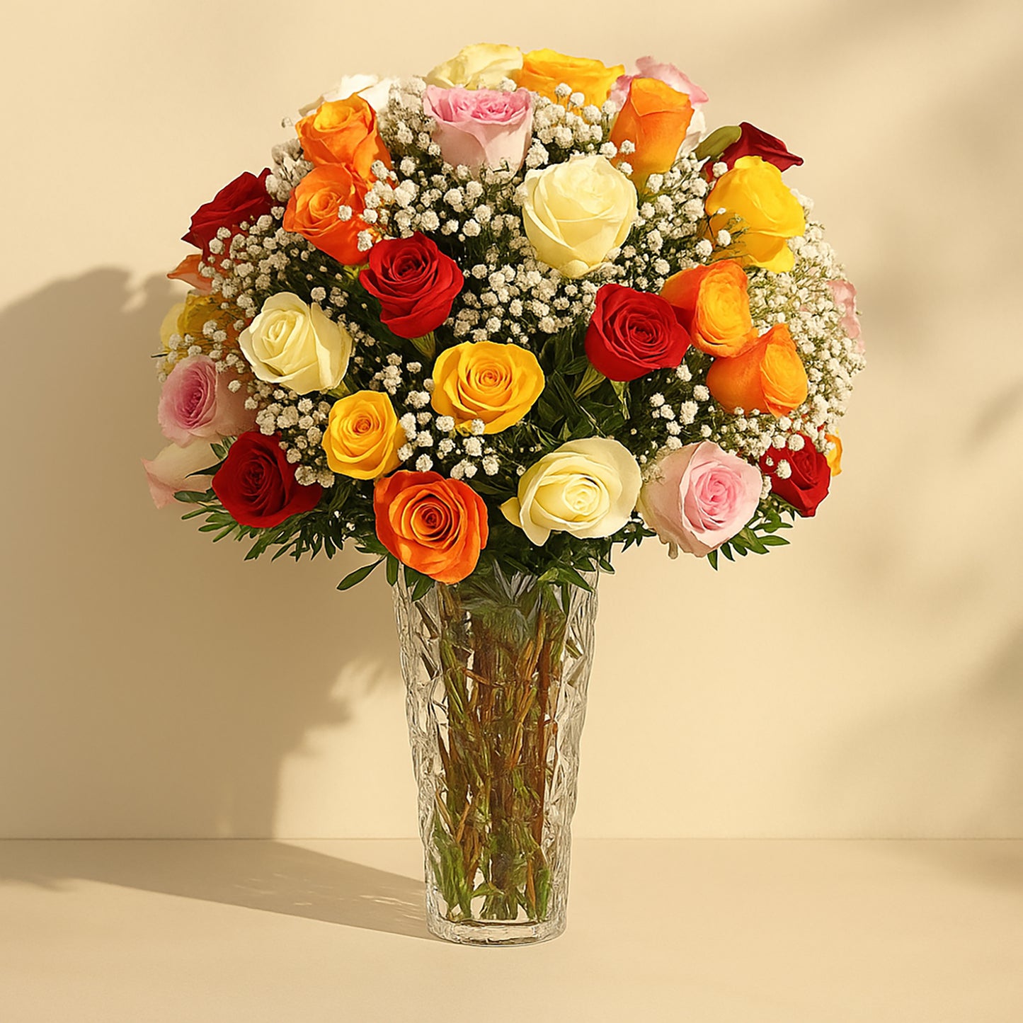 Elegant Bouquet of 50 Assorted Roses in a Stylish Glass Vase