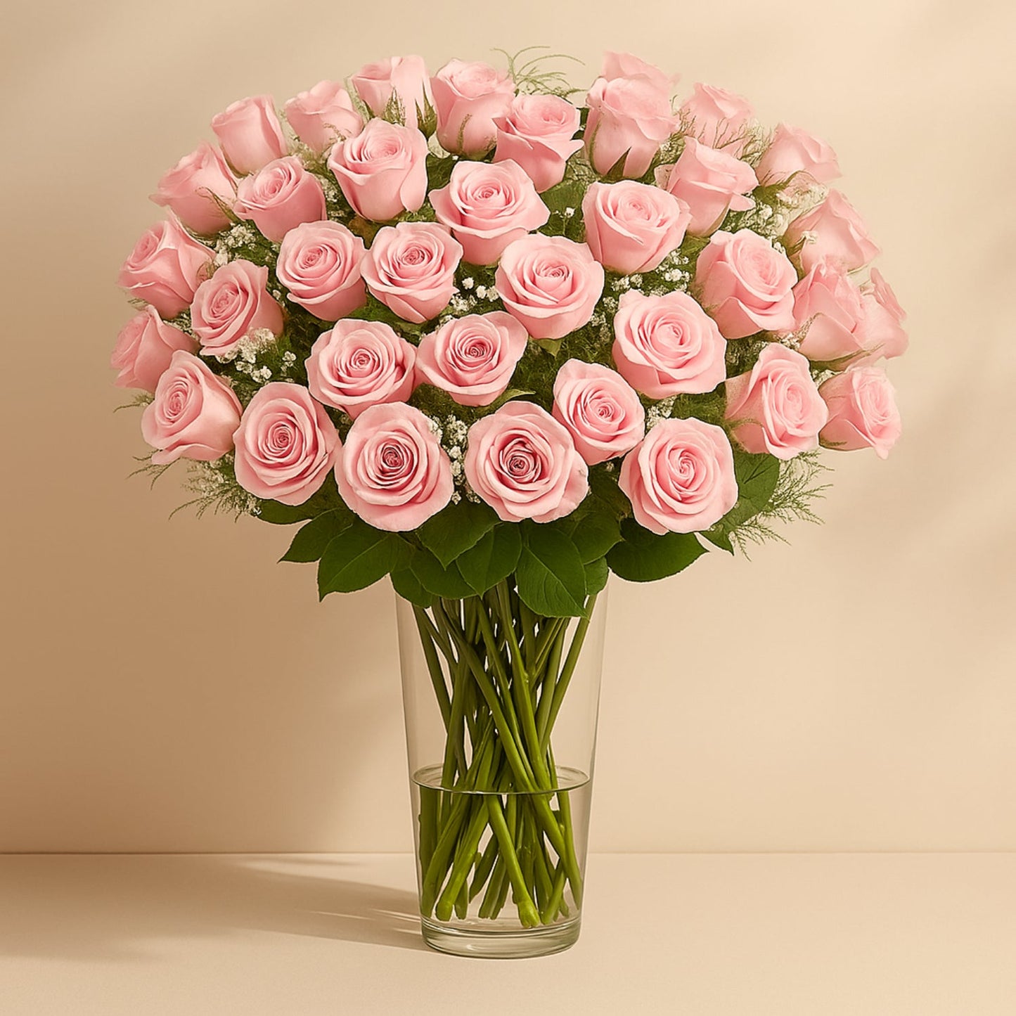 Elegant Bouquet of 50 Stunning Pink Roses with Gypsophila in a Glass Vase