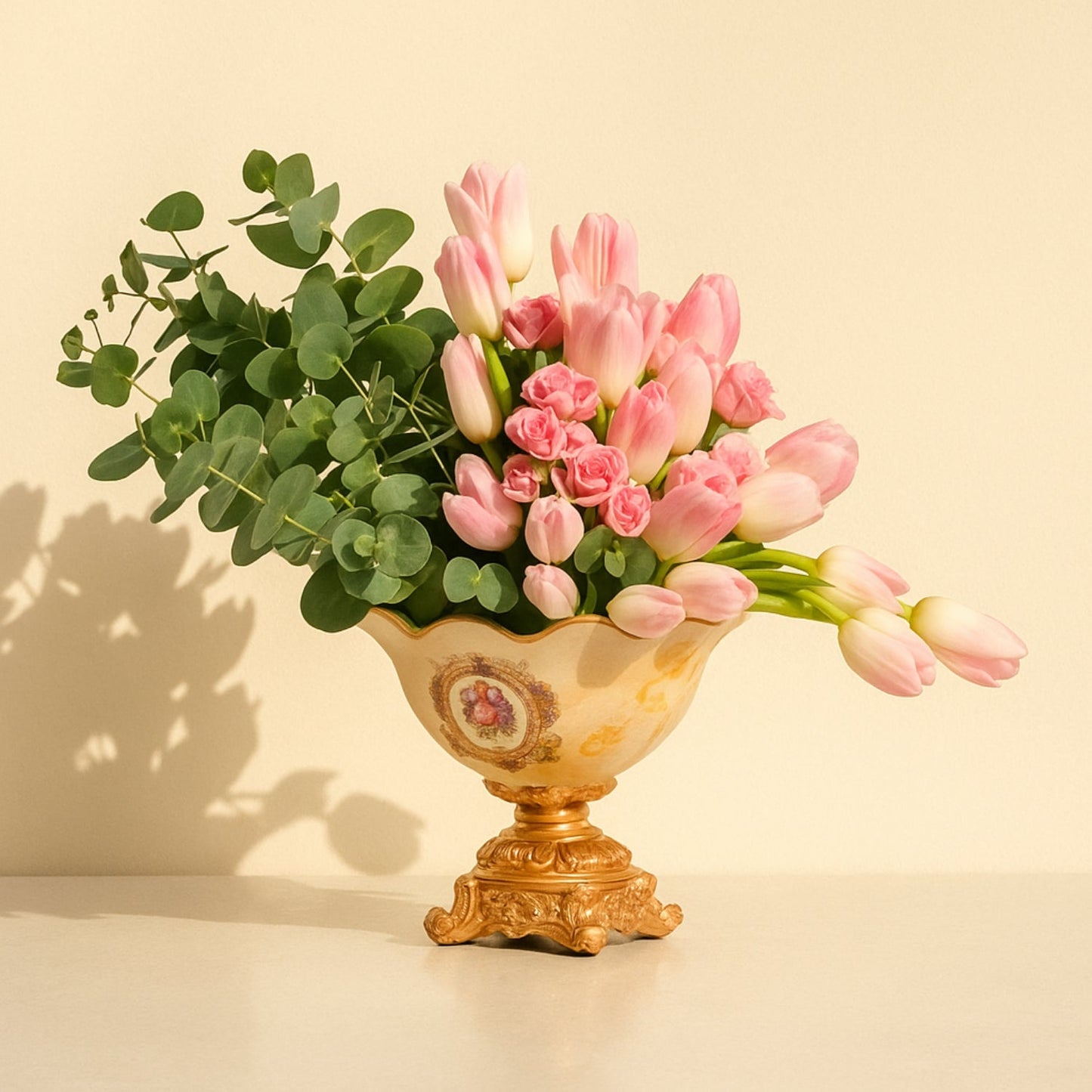 Elegant Pink Tulip and Eucalyptus Floral Arrangement in Designer Vase