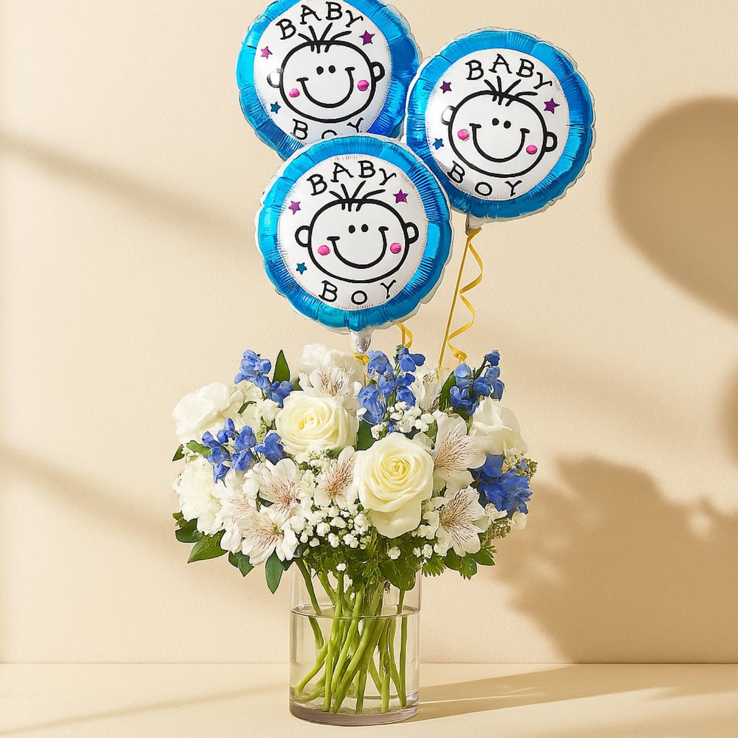 Charming Blue and White Baby Boy Flower Arrangement with Balloons