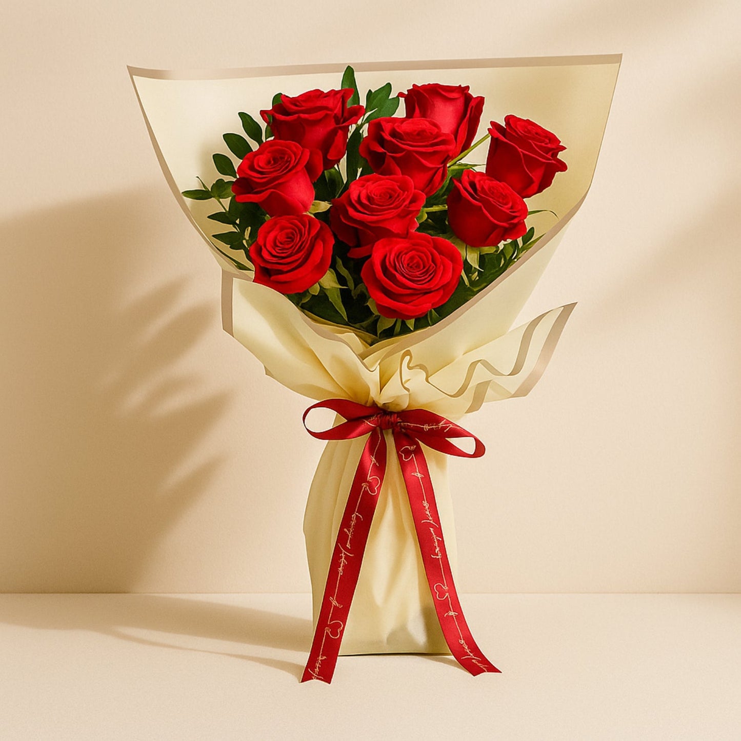 Lovers Bloom: Elegant 9 Red Rose Bouquet with Pistacia Leaves