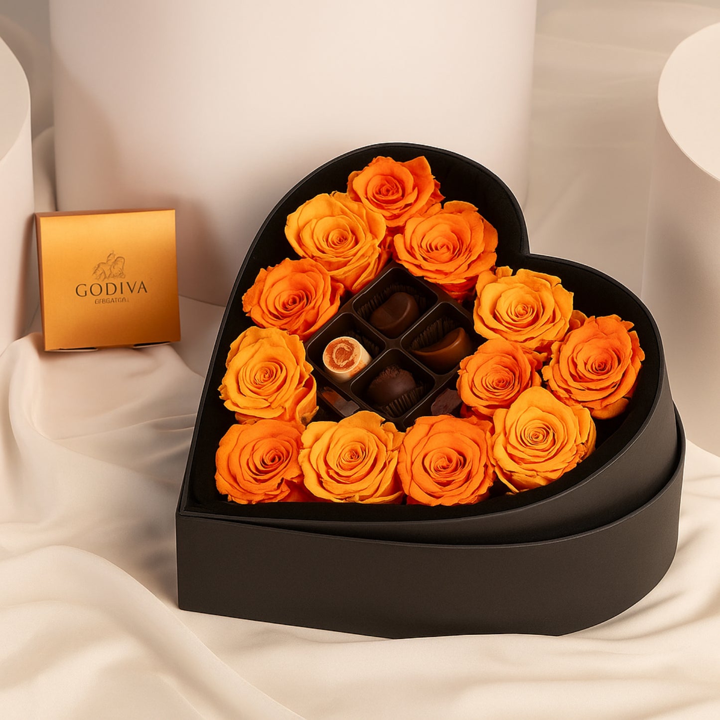 Exquisite 12 Orange Forever Roses with Luxurious Godiva Chocolate in Heart-Shaped Box