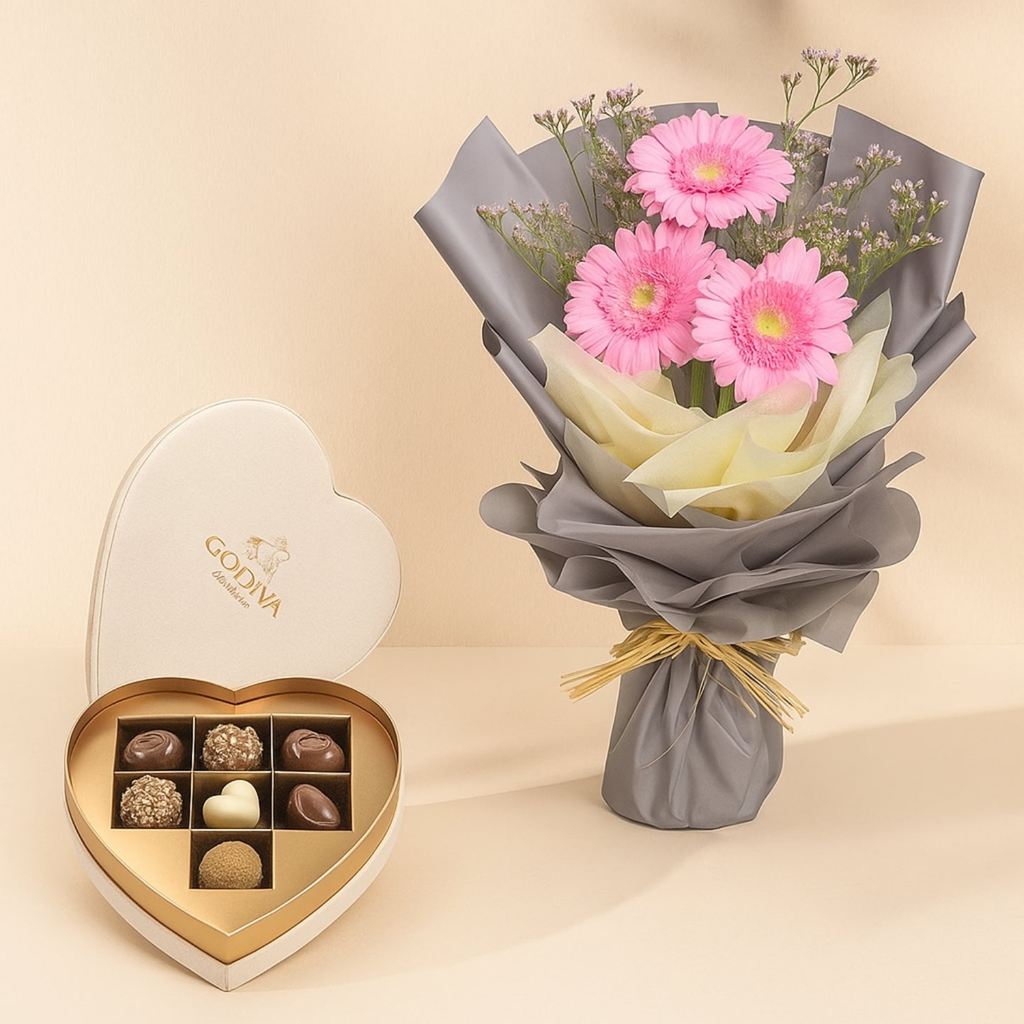 Elegant Godiva Beige Velvet Heart Gift Box with Luxurious Gerberas Bouquet