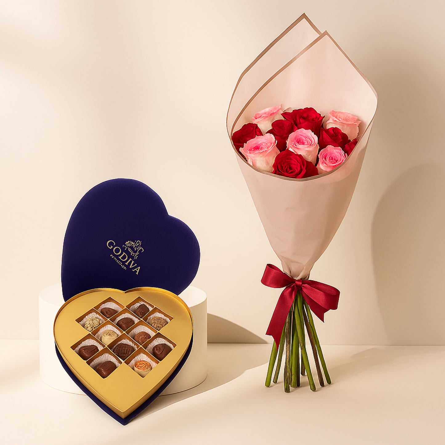 Elegant Godiva Navy Blue Velvet Heart Gift Box with 12 Assorted Chocolates & Charming Pink Bouquet