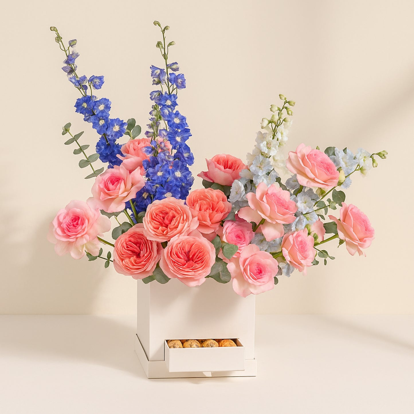 Elegant Garden Roses and Delphinium Floral Box with Ferrero Rocher