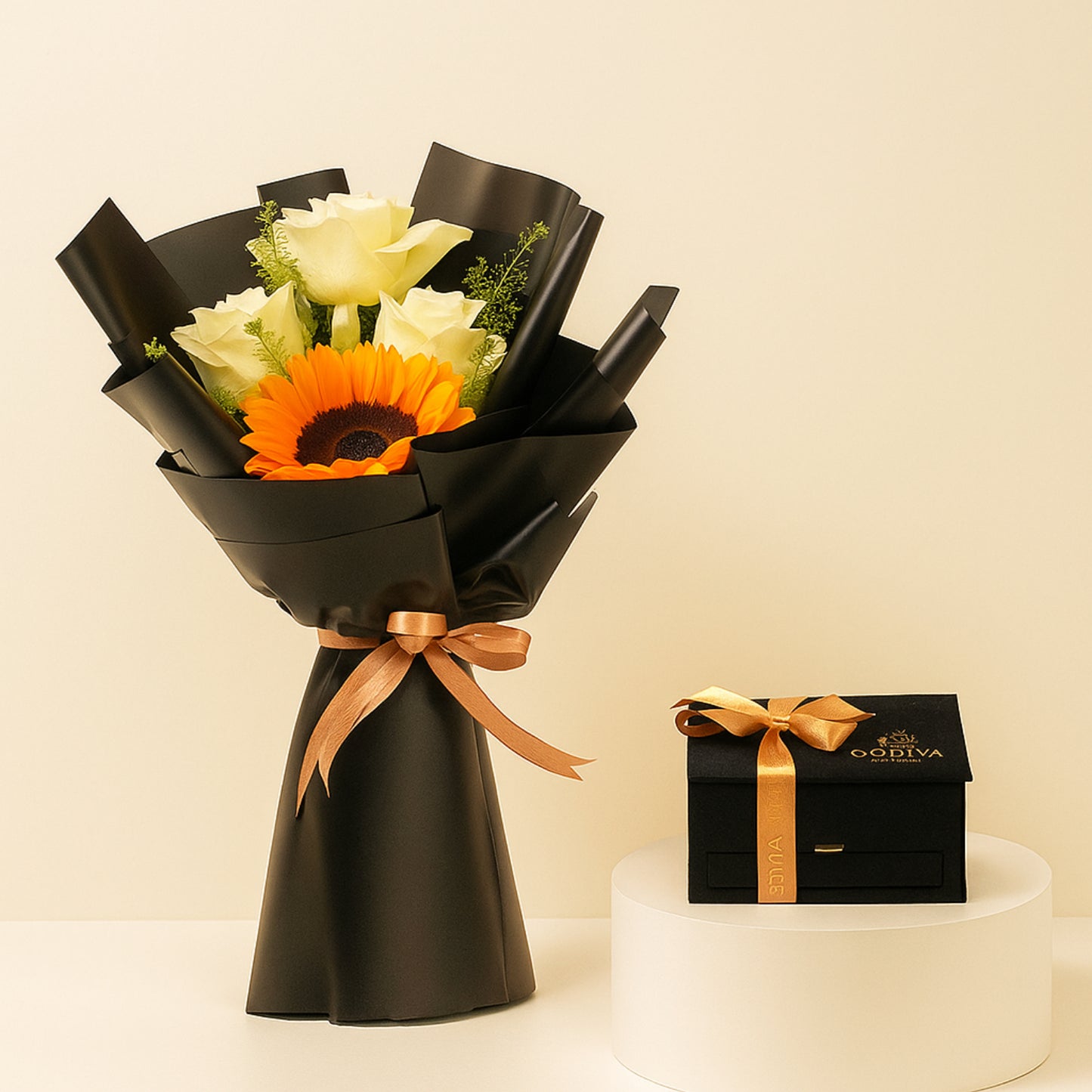 Luxurious Godiva Mini Royal Box with Sunflowers & White Roses Bouquet