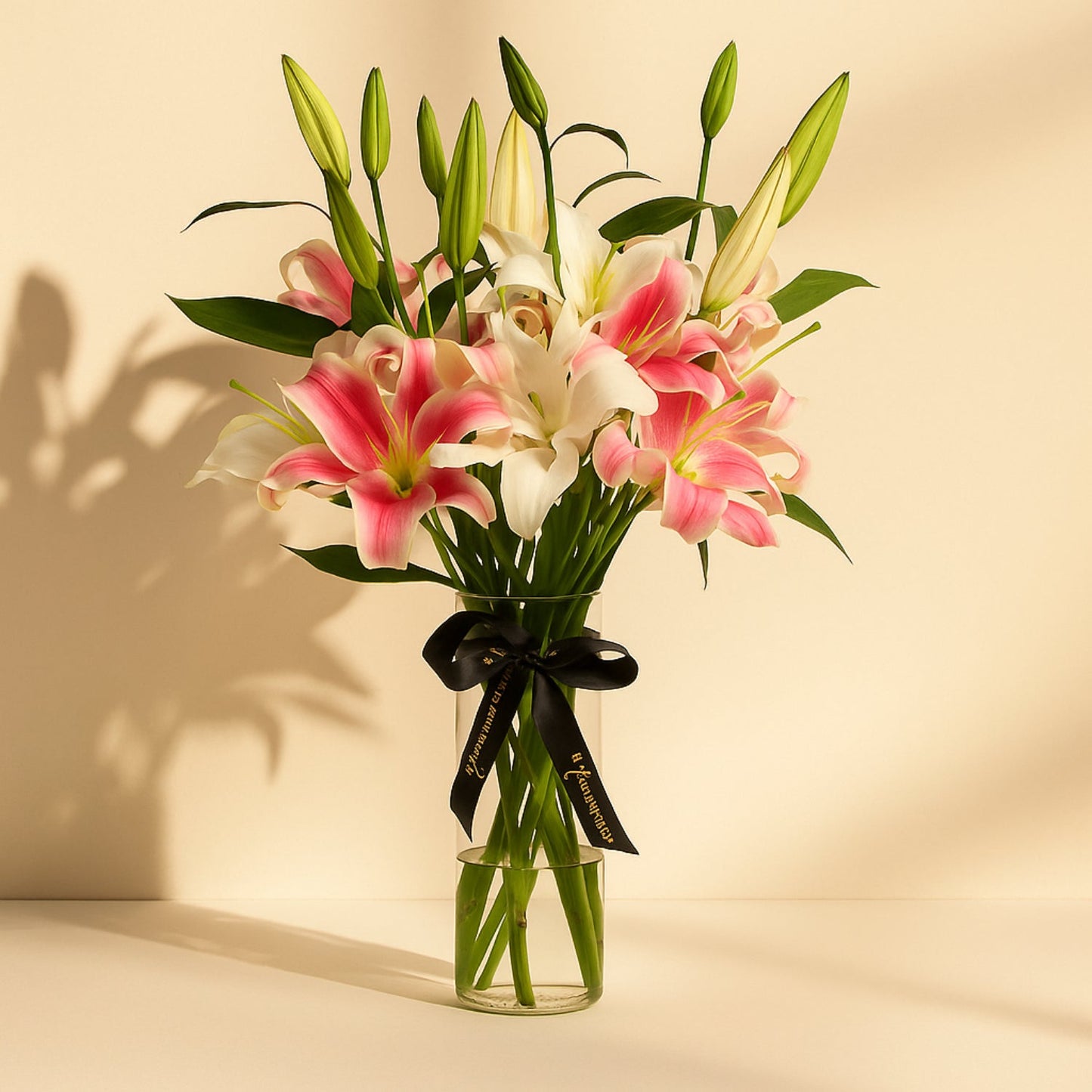 Elegant White and Pink Lily Arrangement in Glass Vase