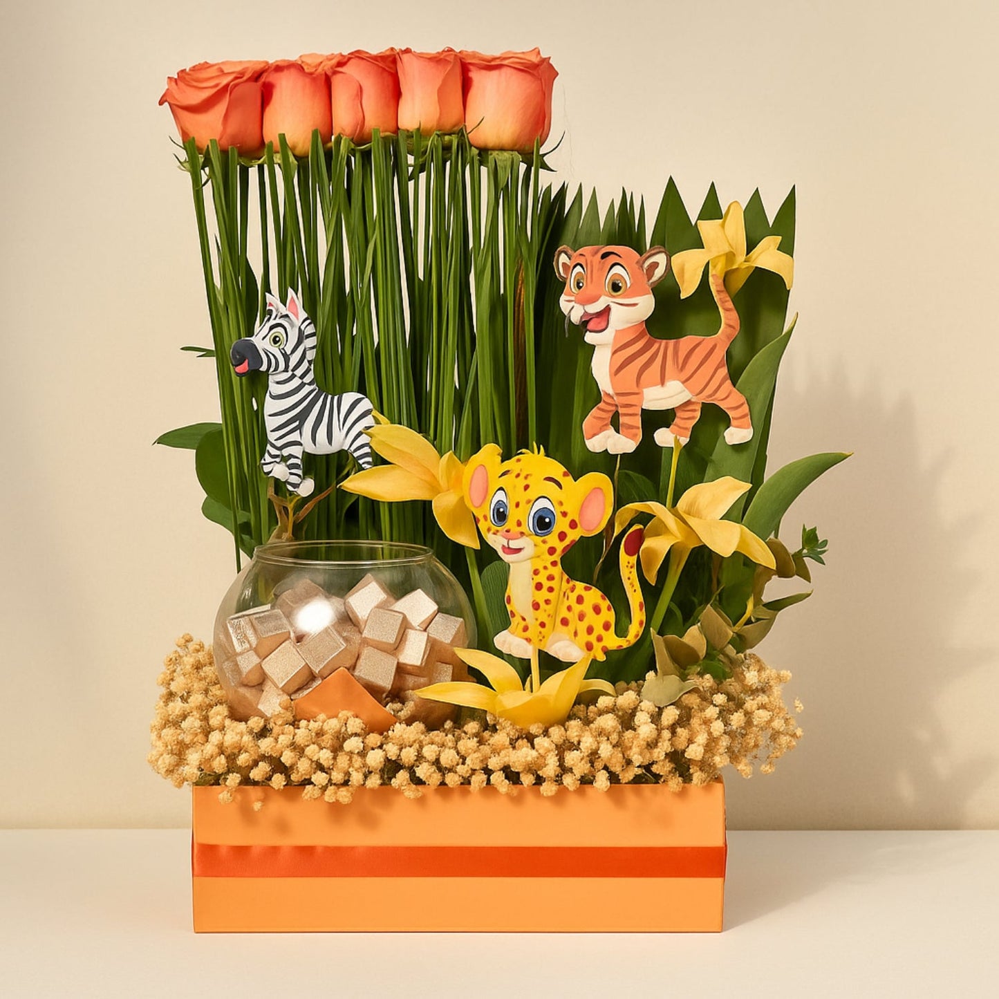 Charming Newborn Gift: Orange Roses, Tulips, and Chocolates in a Wooden Box