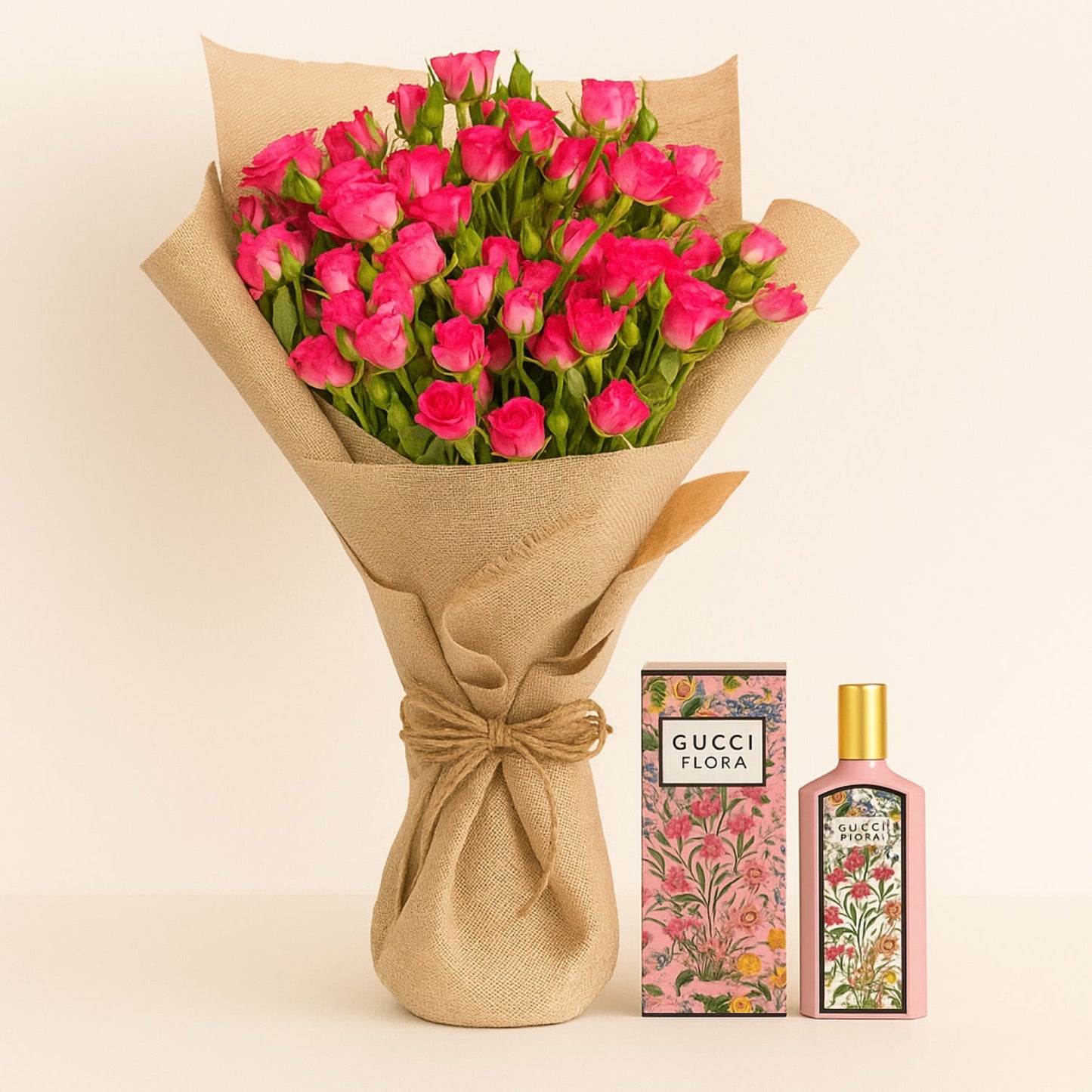 Elegant Floral Bliss: Dark Pink Spray Roses & Gucci Flora Perfume