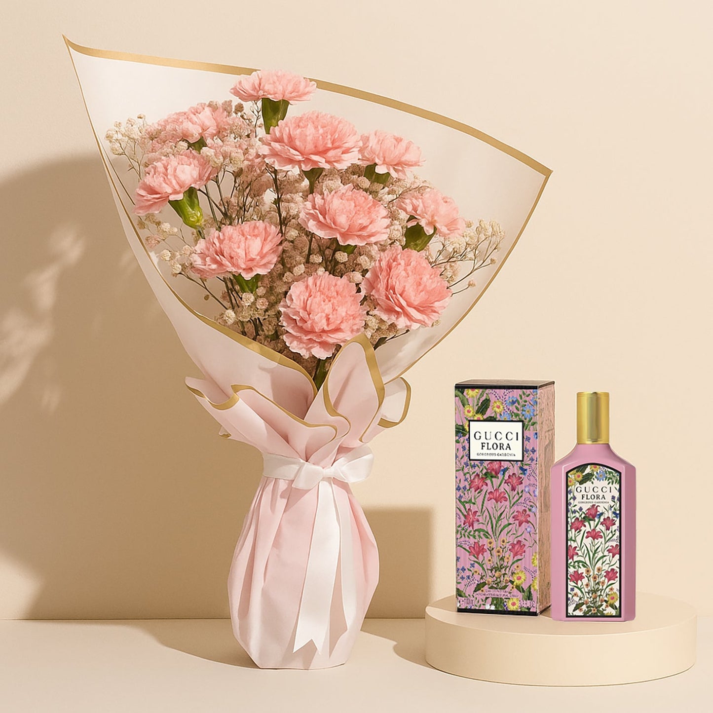 Elegant Pink Carnation Bouquet with Gucci Flora Essence
