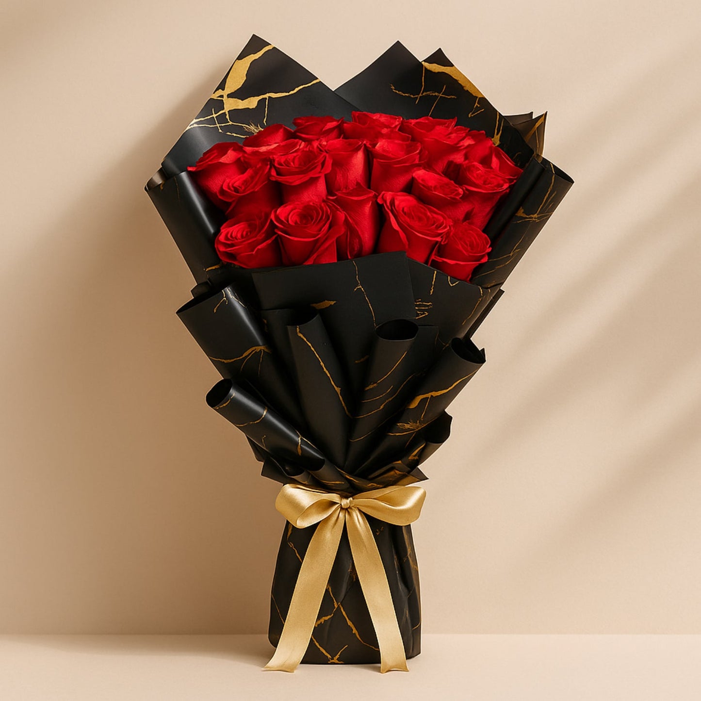 Elegant 25 Red Roses Bouquet with Luxurious Black and Gold Wrap
