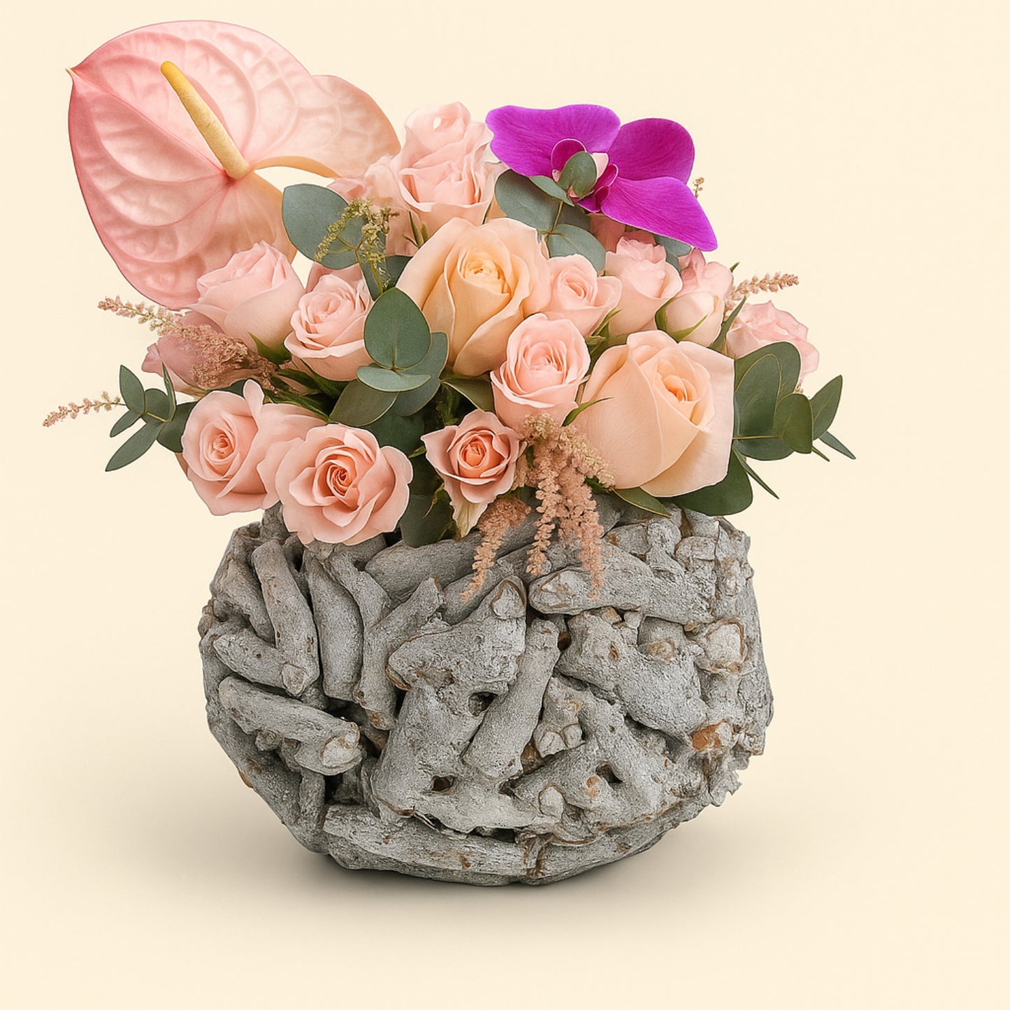 Elegant Mixed Flowers in Artistic Wooden Round Vase