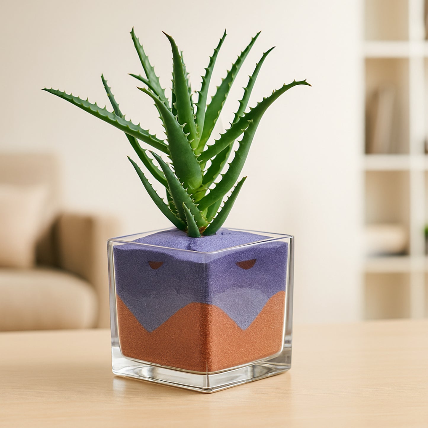 Aloe Arborescens in Decorative Glass Jar with Colored Sand Layers