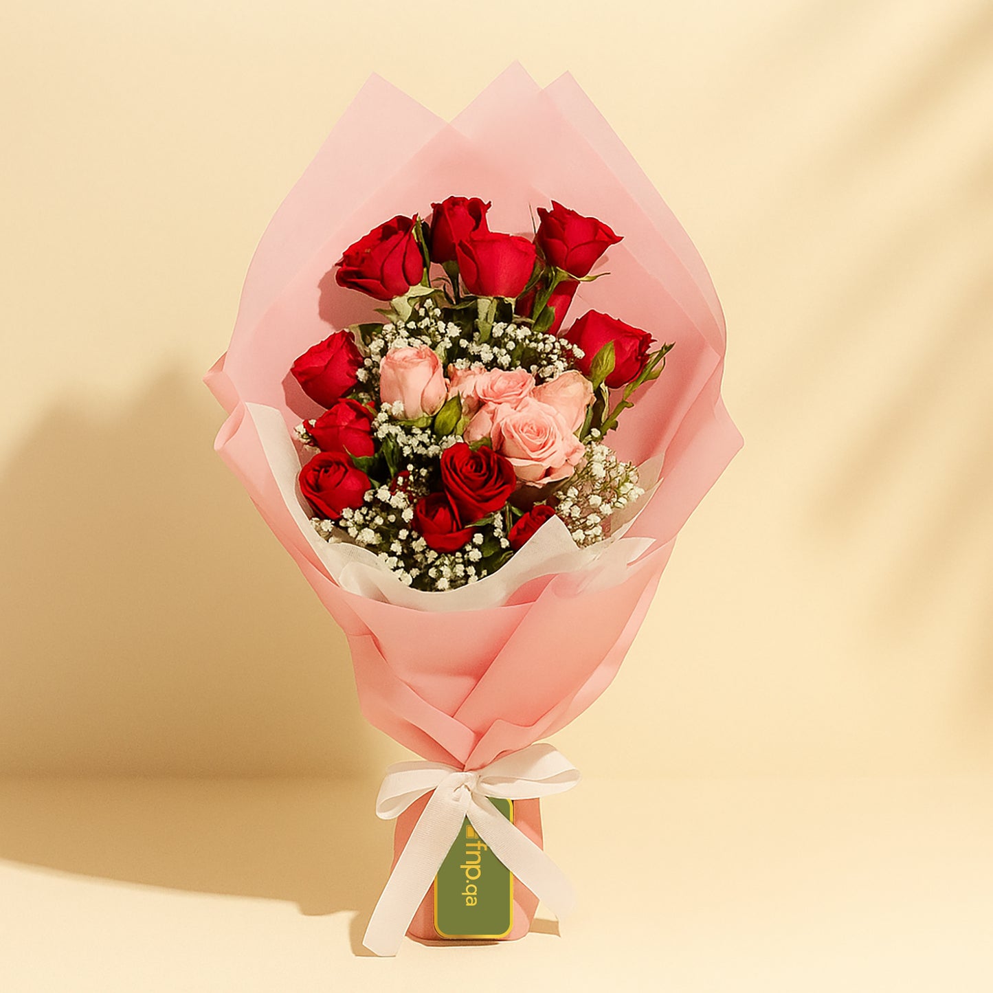 Elegant Red & Pink Roses Bouquet with Gypsophila