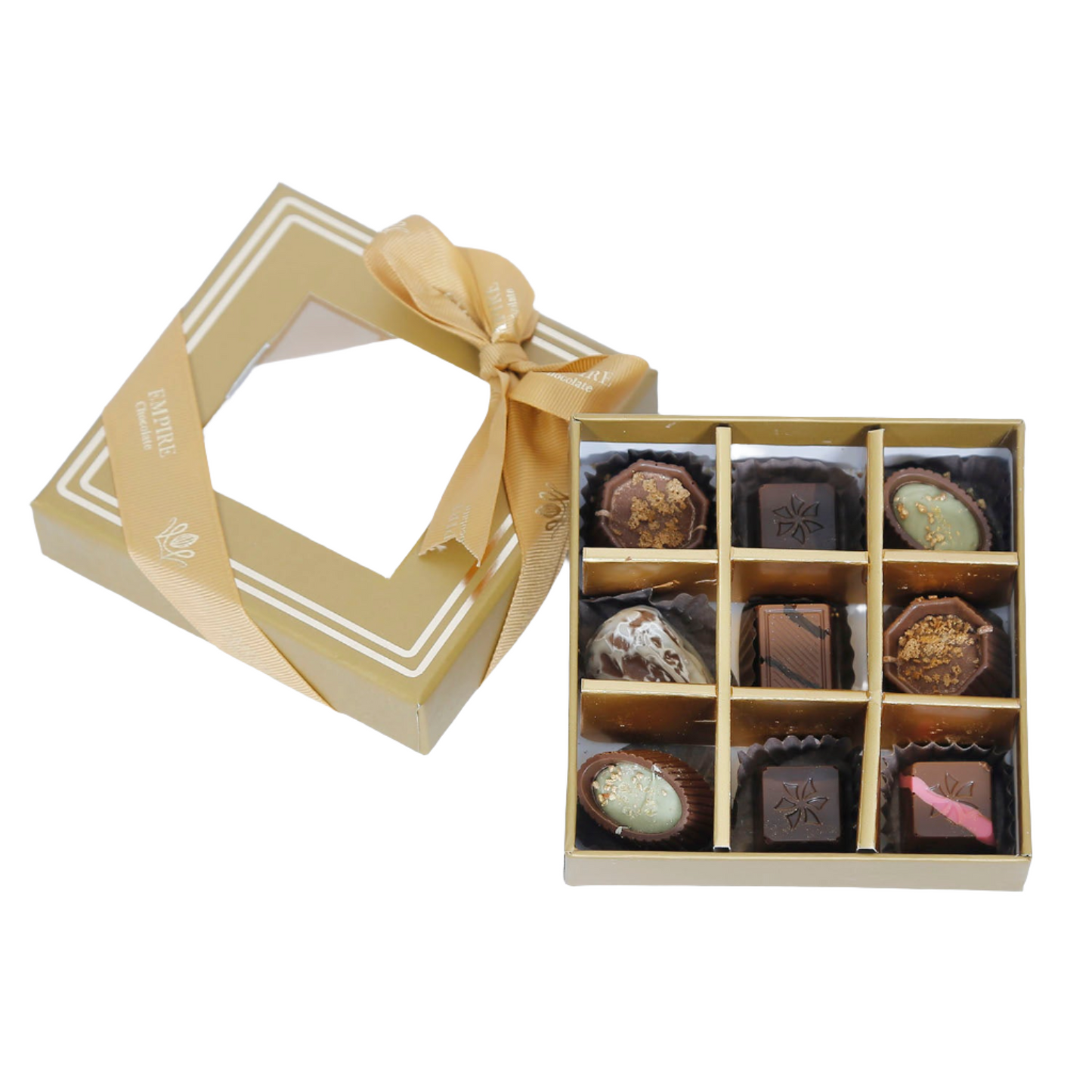 إمباير شوكولاتة | علبة شوكولاتة ذهبية فاخرة مع 9 قطع متنوعة