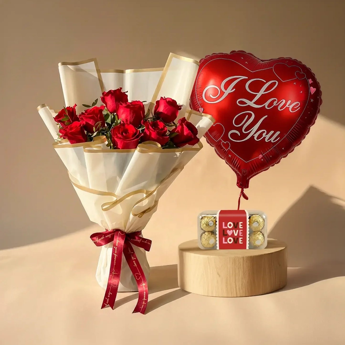 Ultimate Romance Bouquet: Roses, Balloon & Chocolates