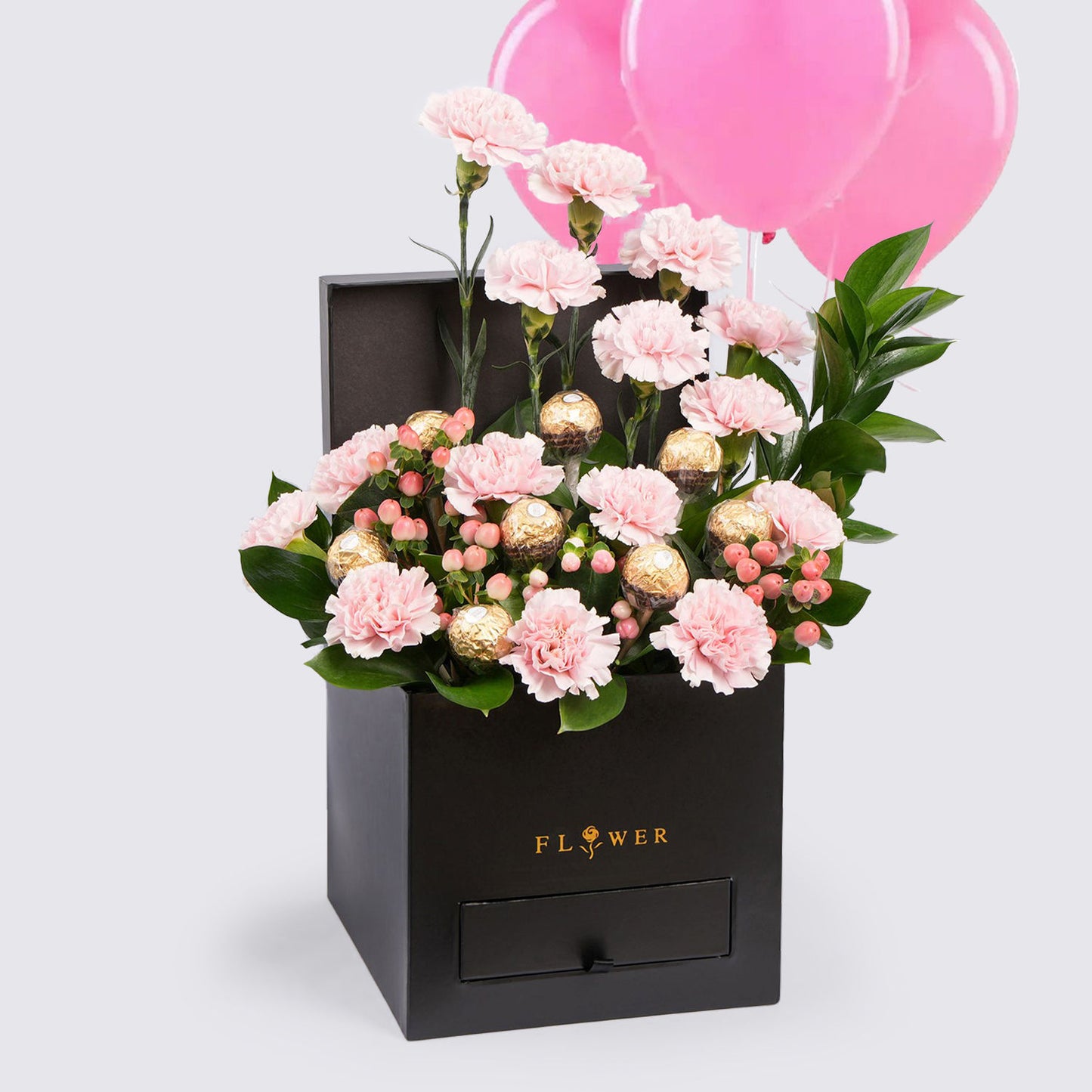 Elegant Pink Carnation Gift Set with Balloons and Chocolates