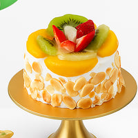 باقة البالونات وكعكة الفواكه اللذيذة