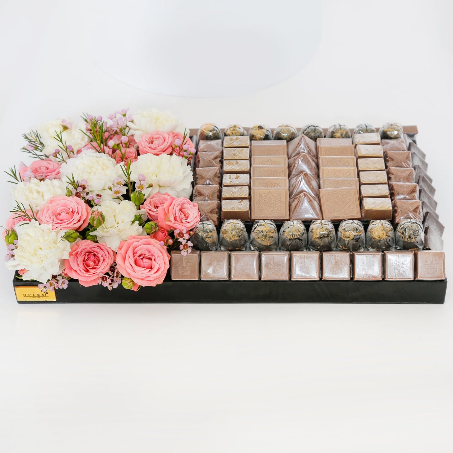 Luxurious Chocolate Tray with Pink Flowers by Opera Patisserie