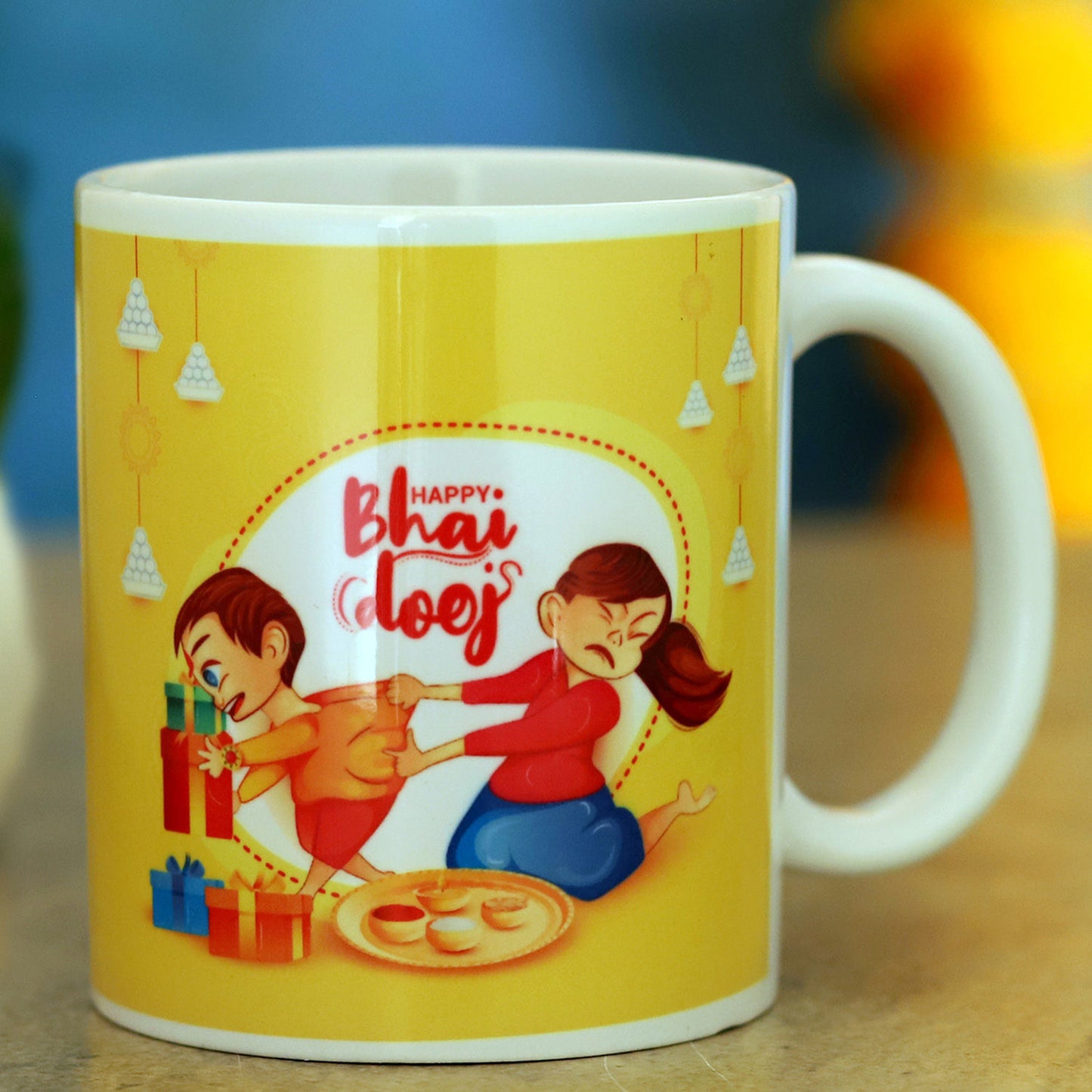 Bhai Dooj Special Ceramic Mug with Festive Print - Perfect Gift for Siblings